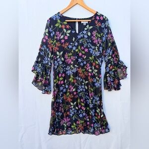 Calvin Klein Black Multicolor‎ Floral 3/4 Bell Sleeve lined Dress